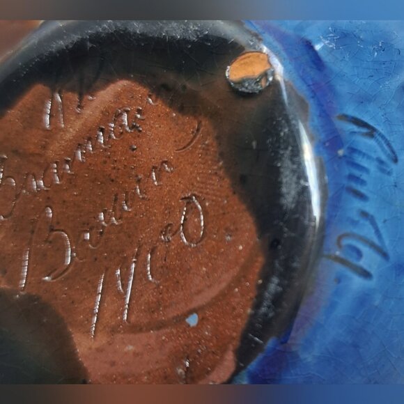 CH Brannam Barum Pottery Ceramic Mini Jug 1900 Dated Frog Fish Waves Blue 2.25" - Picture 16 of 16